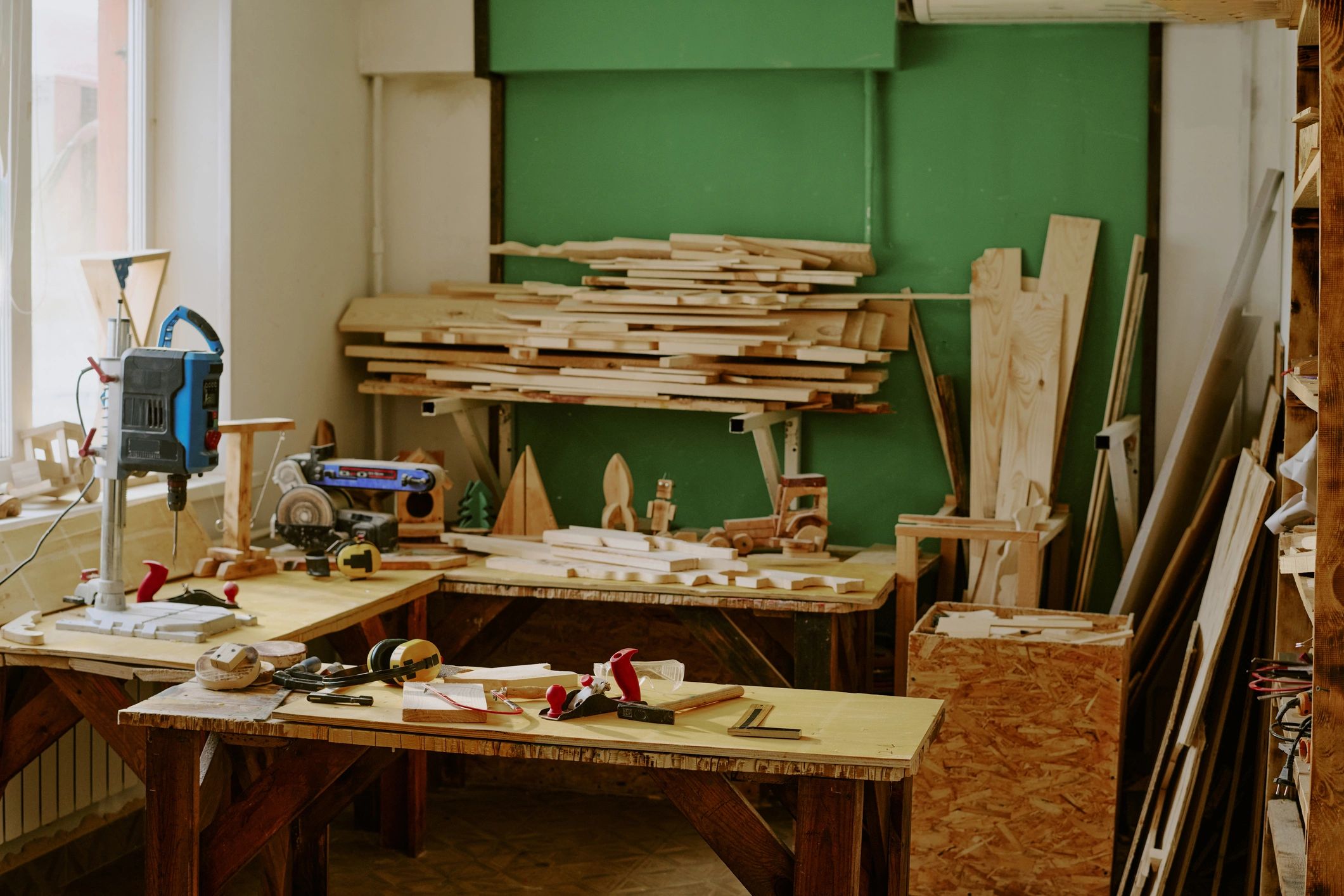 Organized workshop with tools and materials for restoration work